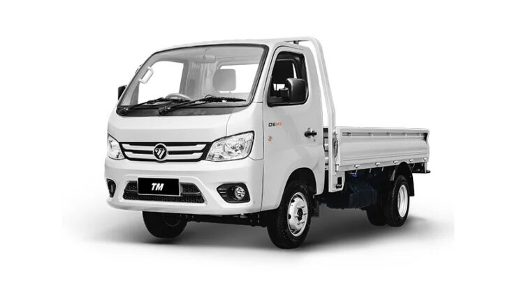 Camión liviano FOTON blanco con cabina sencilla y plataforma de carga abierta.
