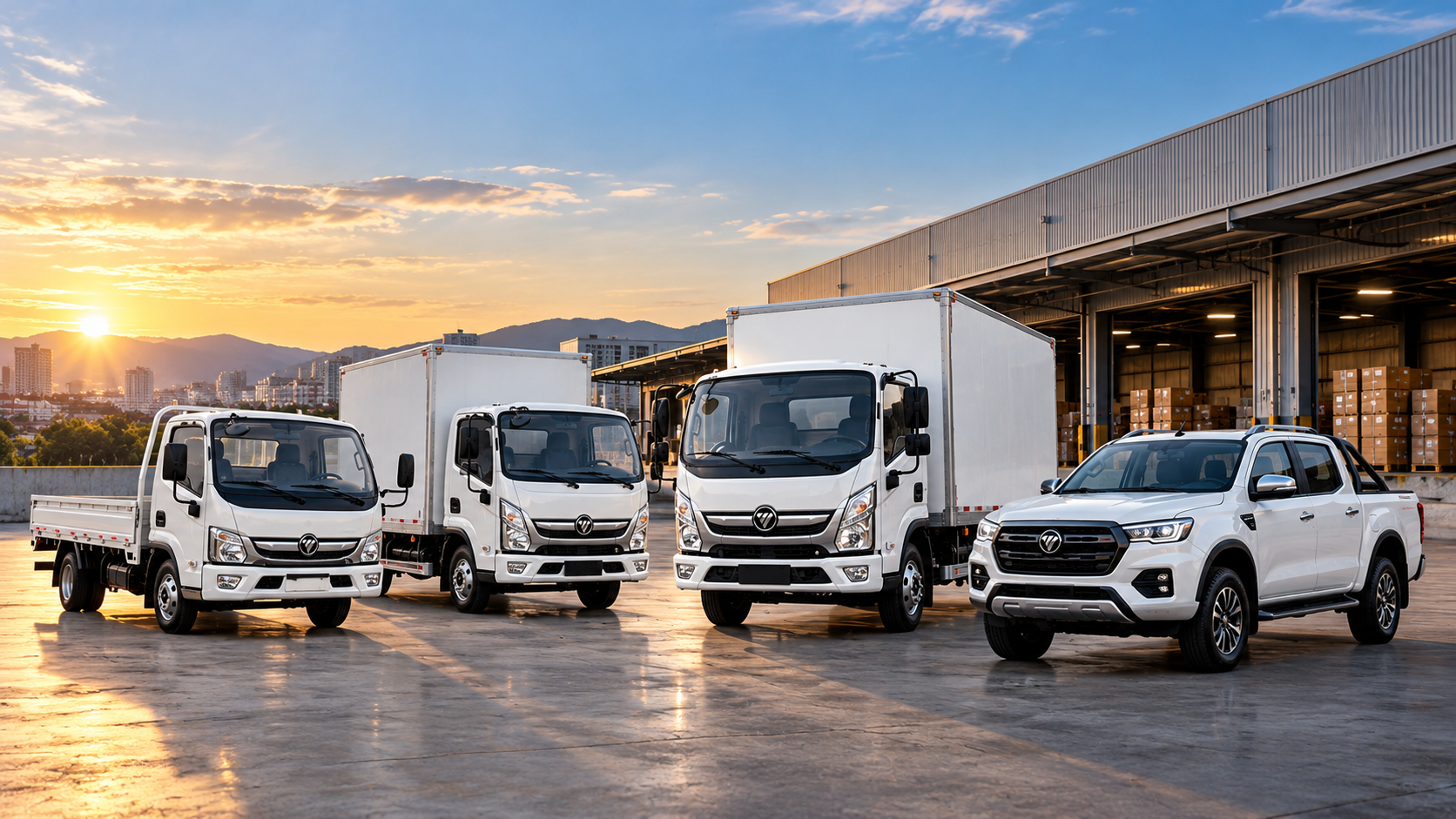 Vehículos FOTON para empresas: camiones de carga y pickup frente a una bodega.